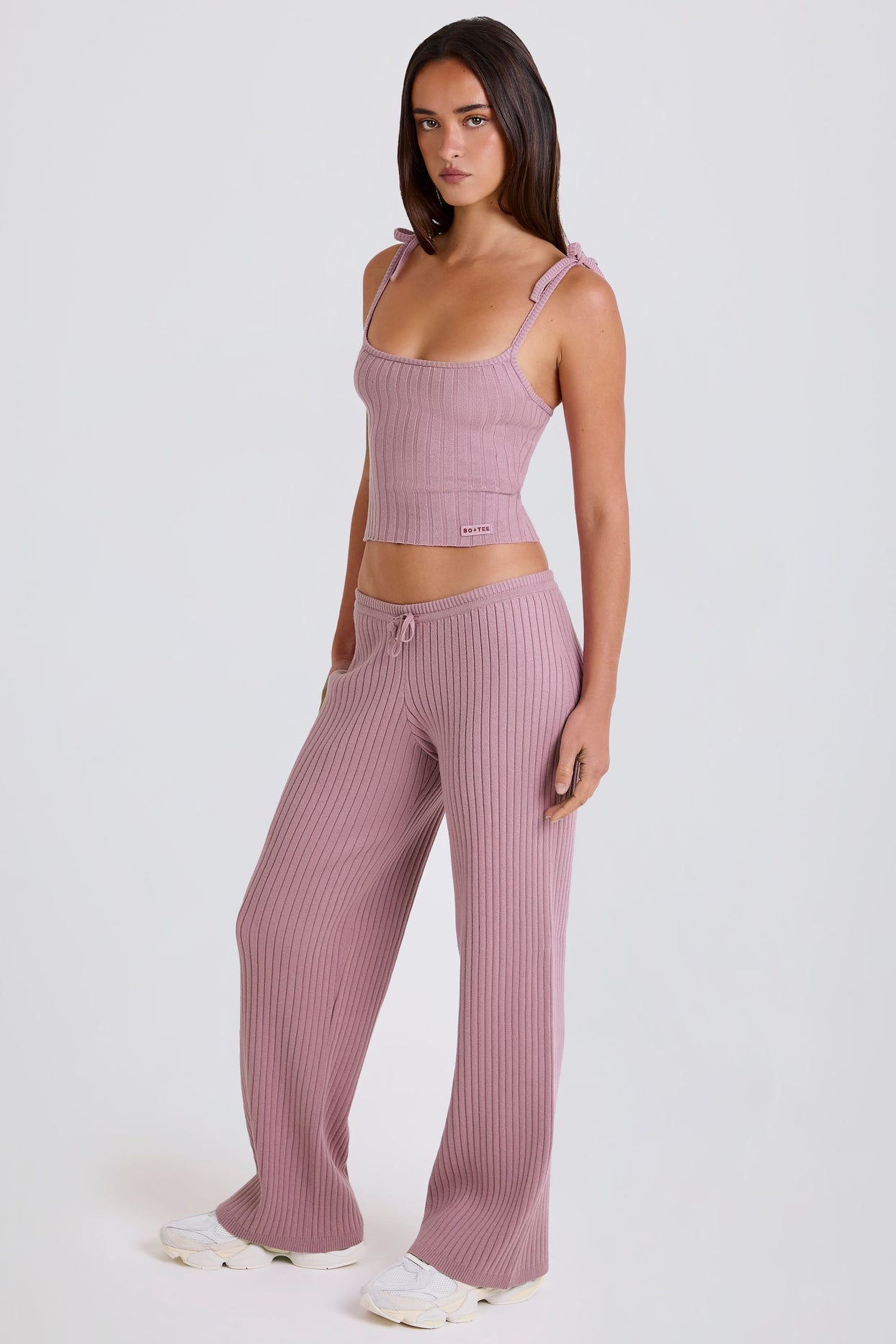 Ribbed Knit Wide-Leg Joggers in Mauve - 1