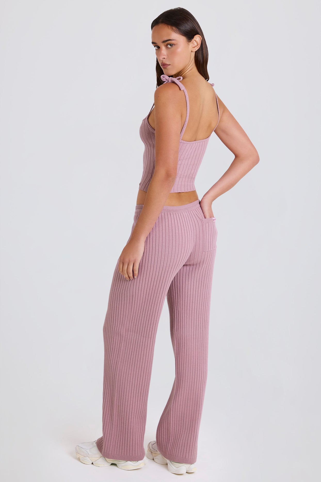 Ribbed Knit Wide-Leg Joggers in Mauve - 2