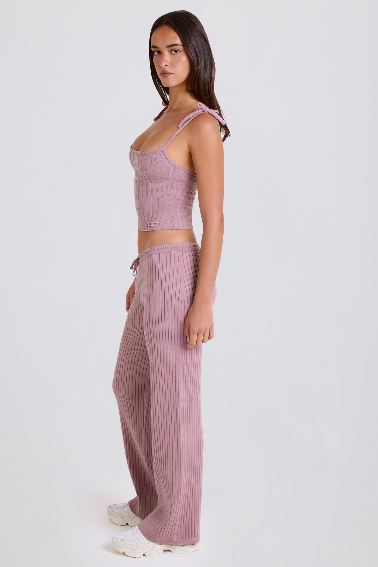 Ribbed Knit Wide-Leg Joggers in Mauve - 3