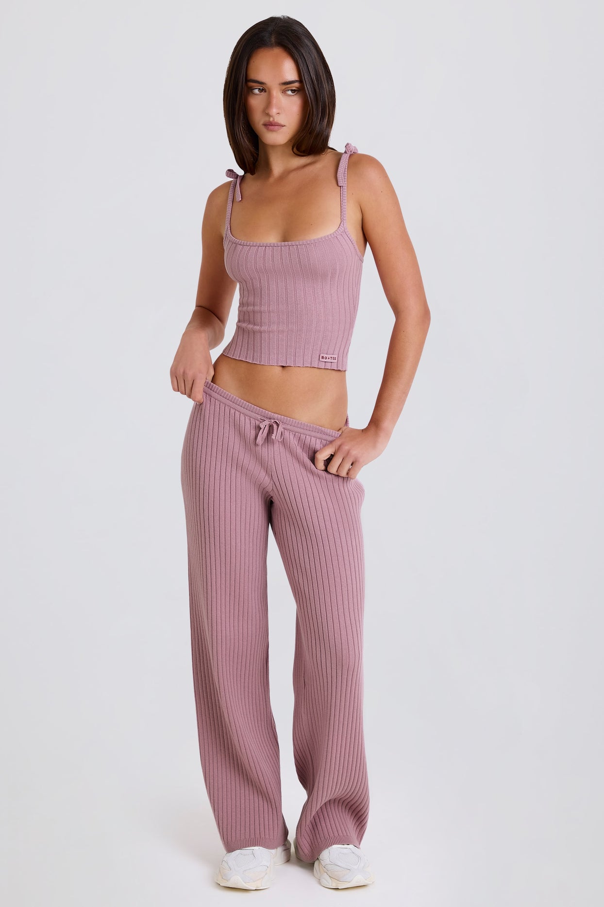 Ribbed Knit Wide-Leg Joggers in Mauve - 6