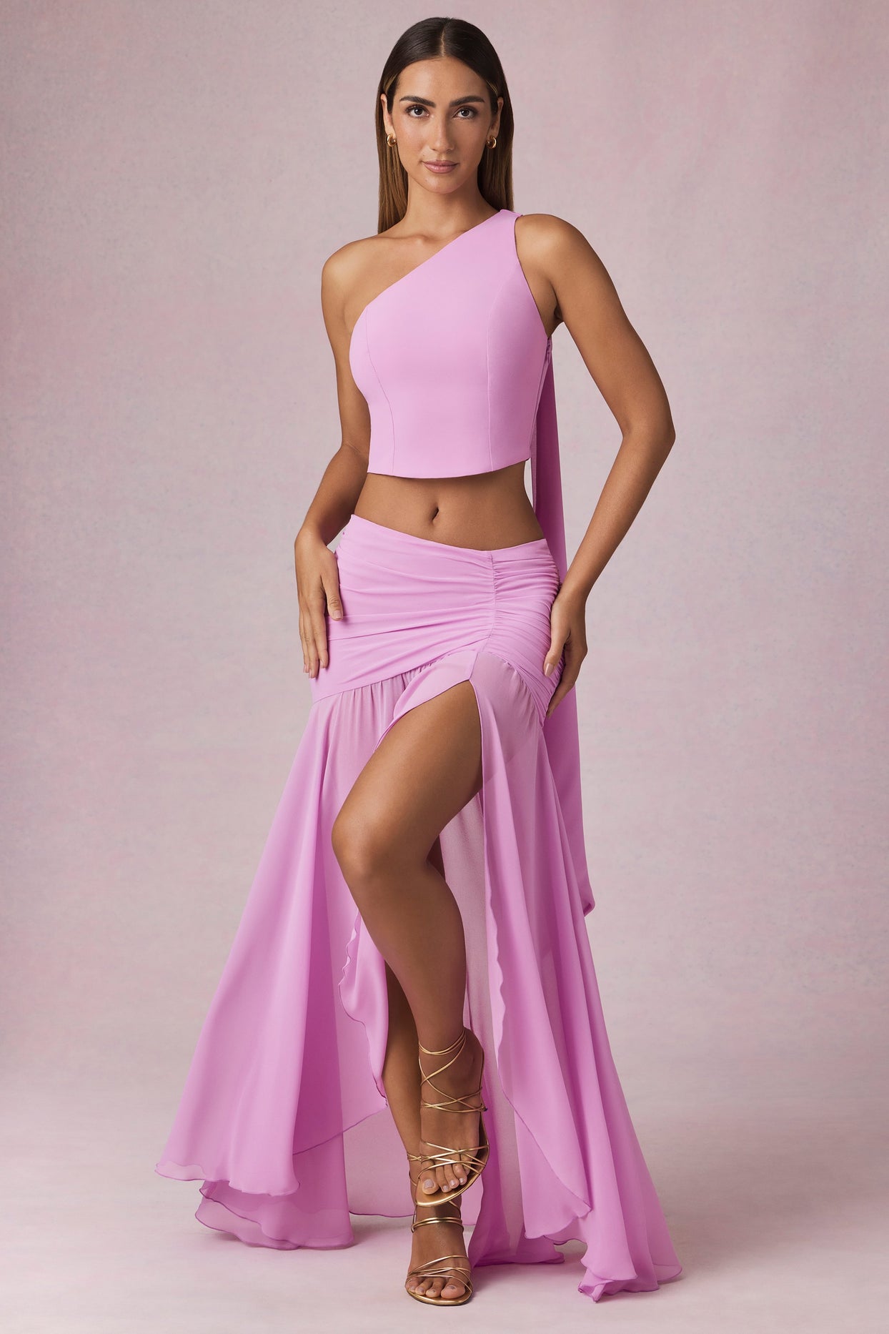 Asymmetric Ruched Maxi Skirt in Pink Orchid - 5