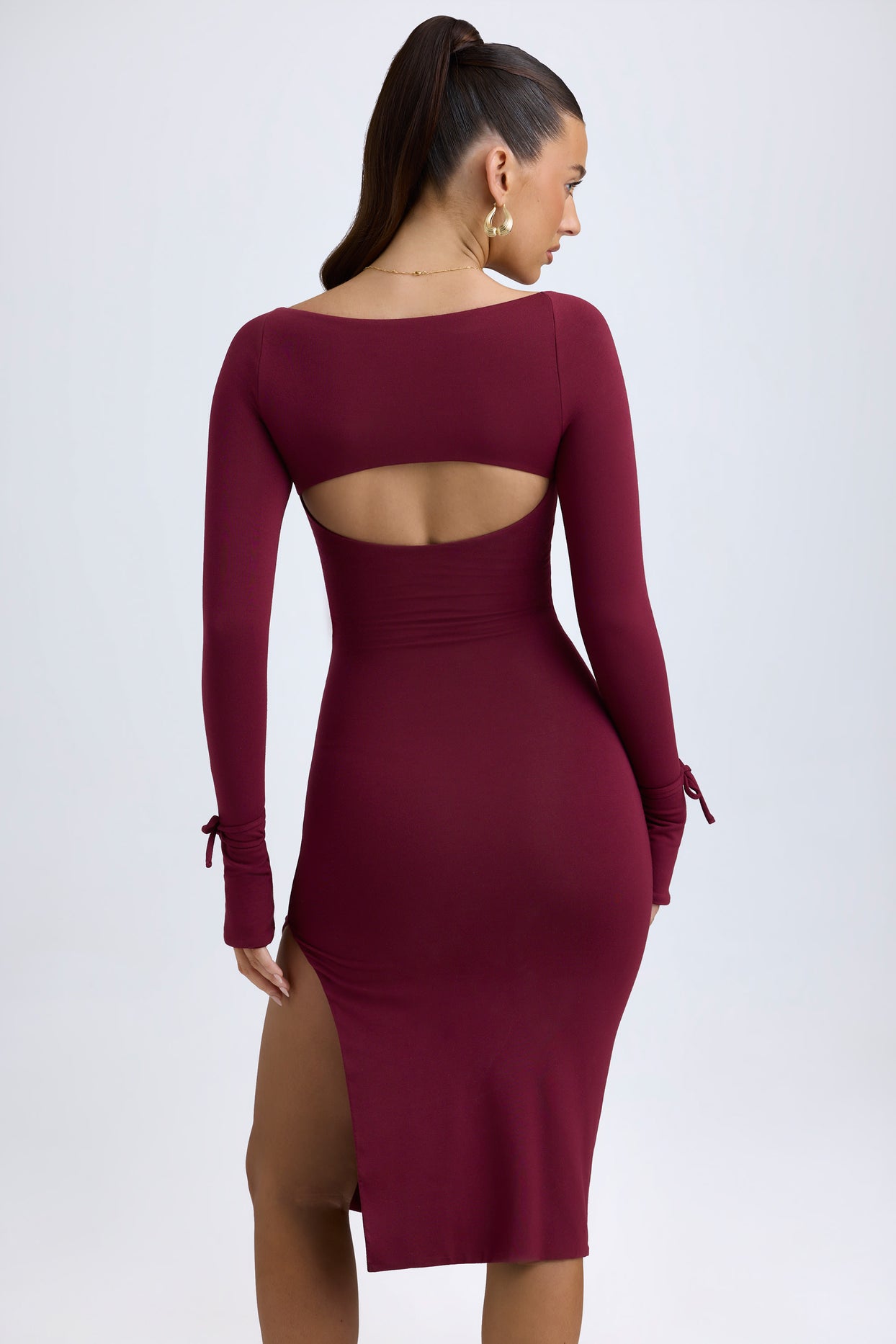 Modal Square-Neck Long-Sleeve Midi Dress in Wine Red - 2