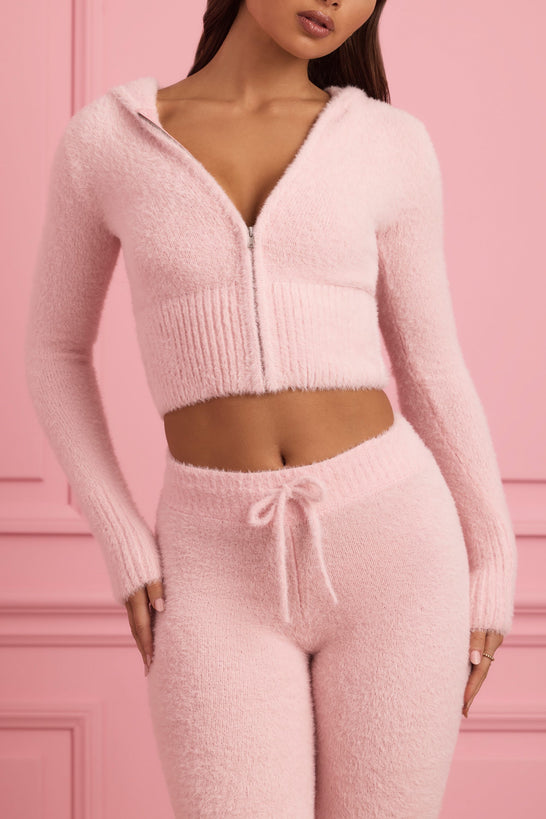 Fluffy Knit Zip-Up Hoodie in Baby Pink