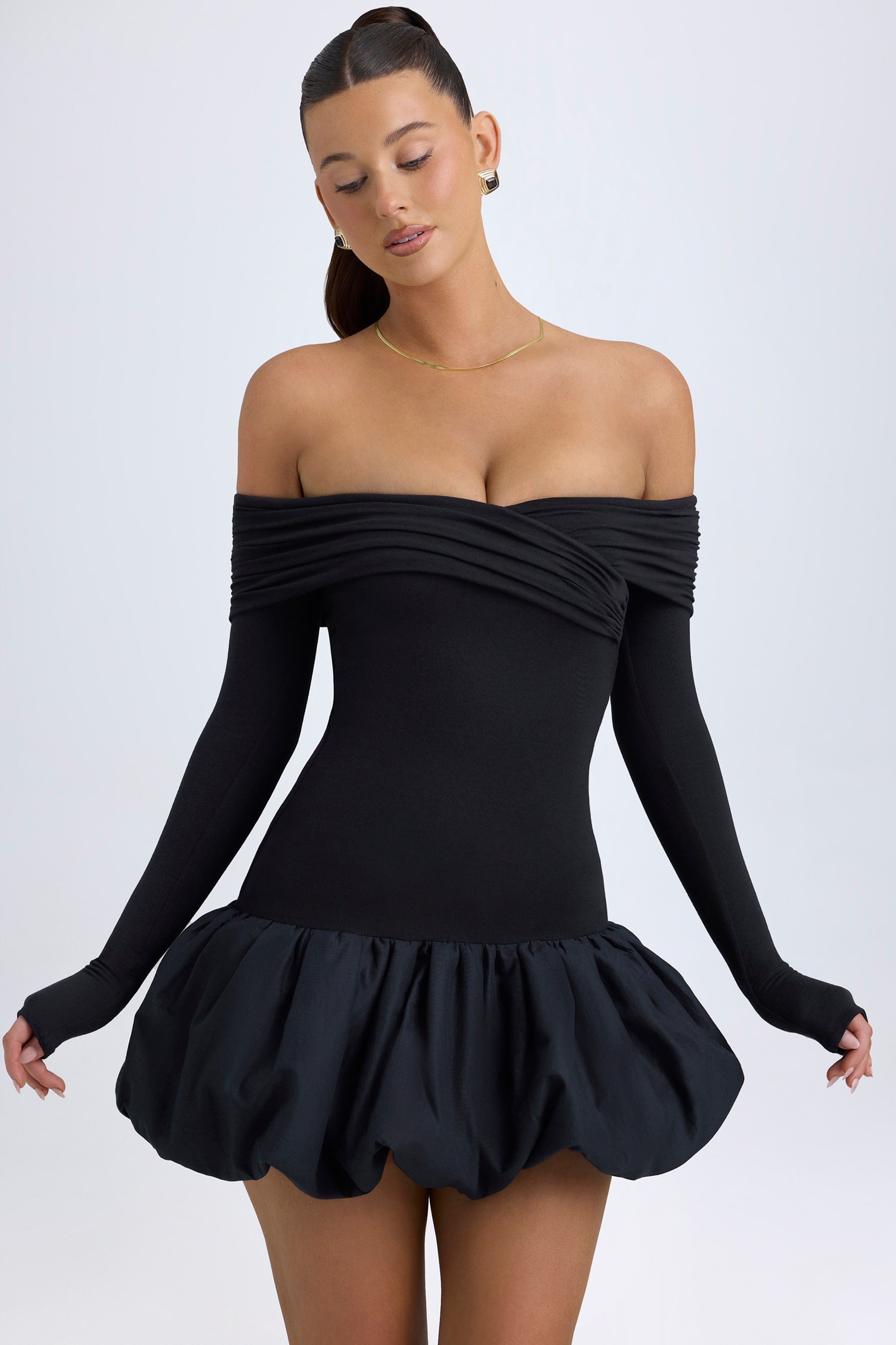 Serra Modal Off-Shoulder Bubble Hem Mini Dress in Black – Oh Polly US