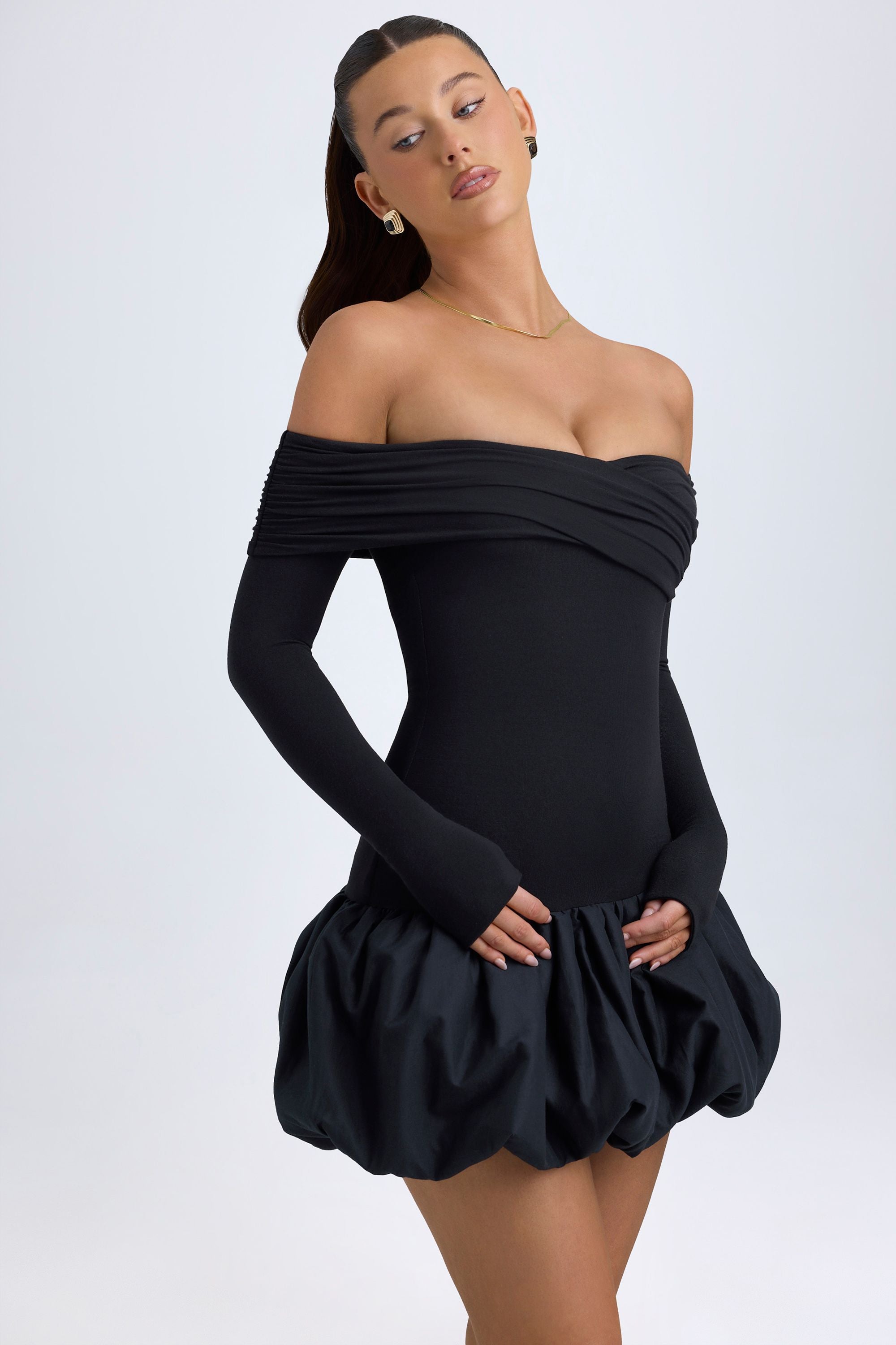 Serra Modal Off-Shoulder Bubble Hem Mini Dress in Black – Oh Polly US