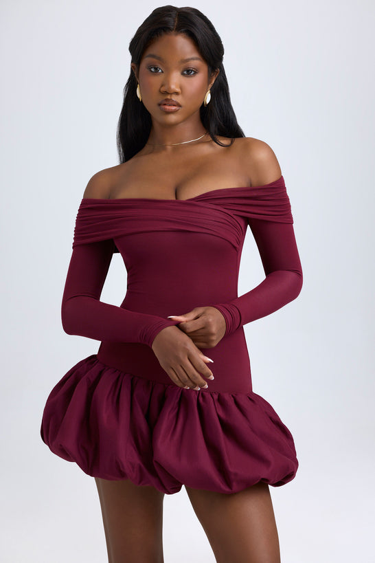 Modal Off-Shoulder Bubble Hem Mini Dress in Wine Red