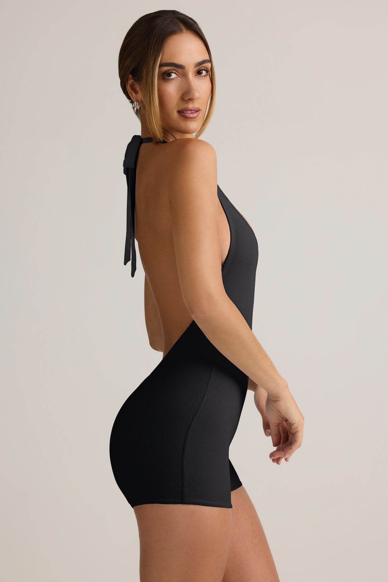 Modal Ribbed Backless Playsuit in Black - 4