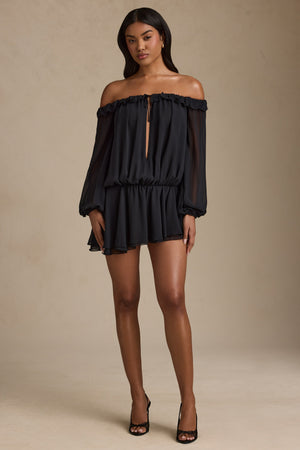 Off-Shoulder Asymmetric Balloon-Sleeve Mini Dress in Black - XS | Oh Polly Off-Shoulder Asymmetric Balloon-Sleeve Mini Dress in Black - XS | Oh Polly