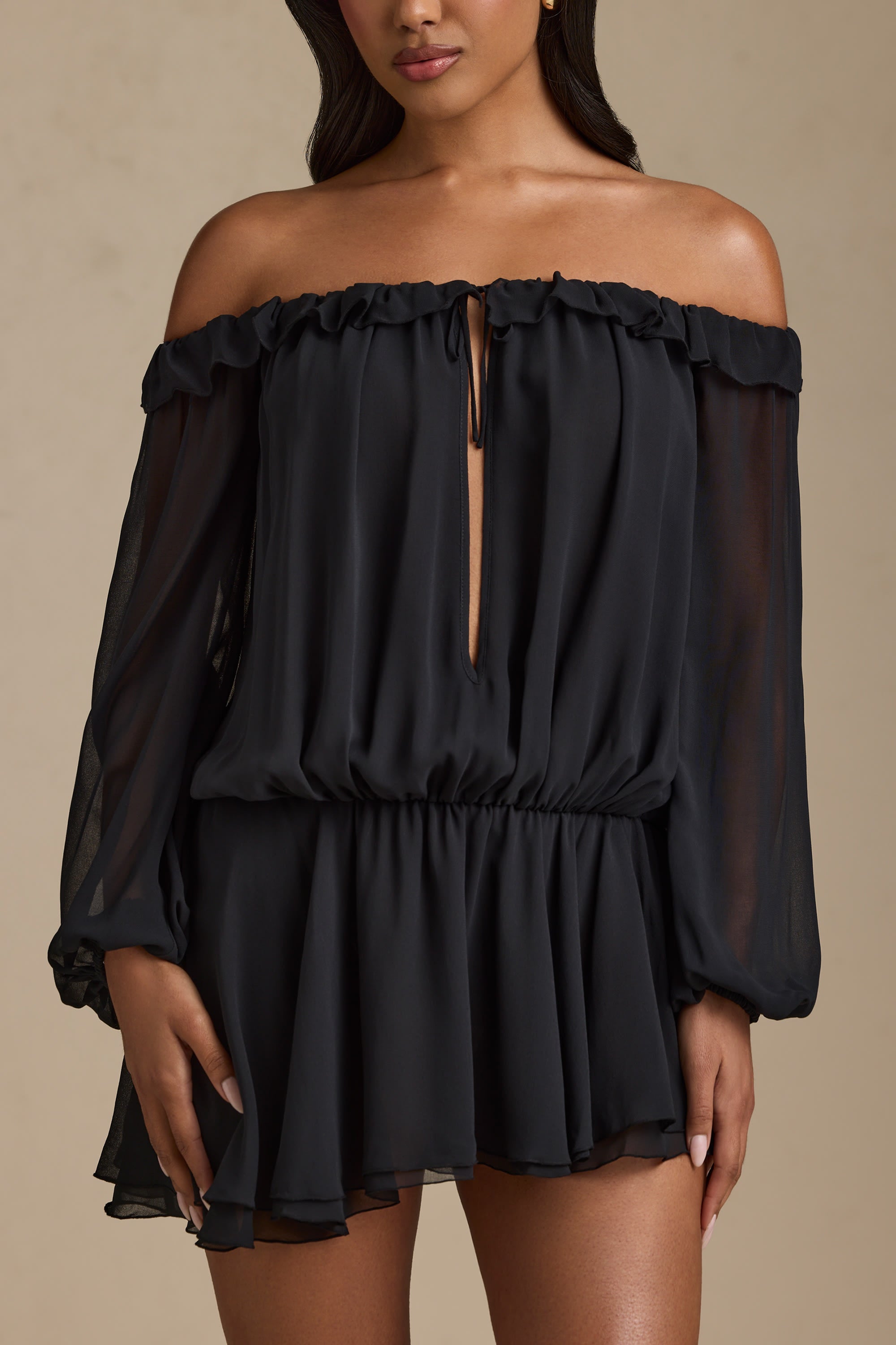 Off-Shoulder Asymmetric Balloon-Sleeve Mini Dress in Black - XS