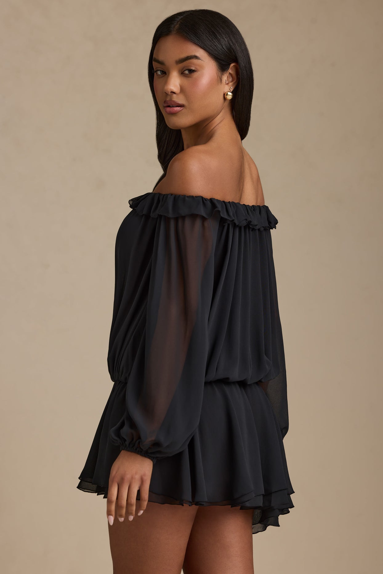 Off-Shoulder Asymmetric Balloon-Sleeve Mini Dress in Black - 4