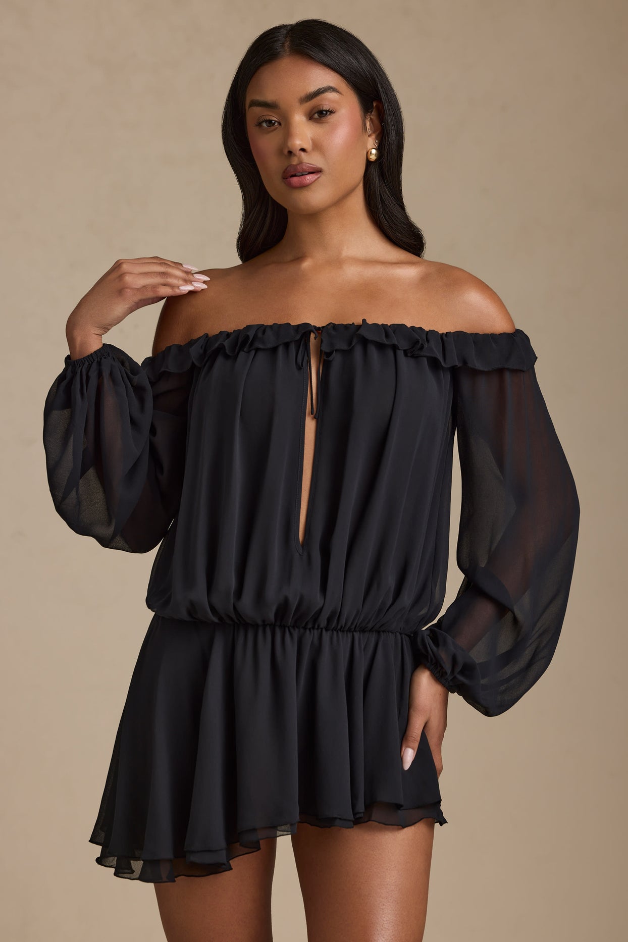 Off-Shoulder Asymmetric Balloon-Sleeve Mini Dress in Black - 5