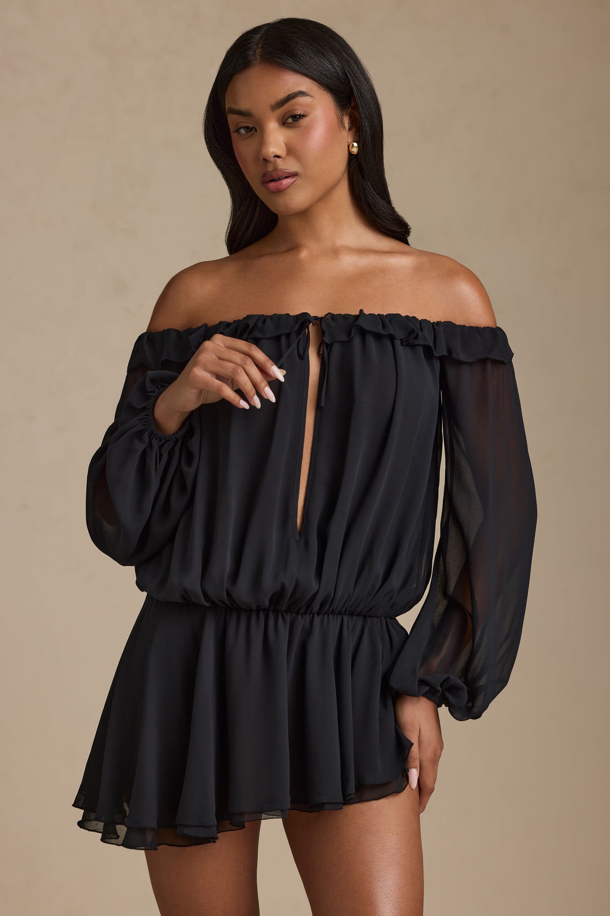 Off-Shoulder Asymmetric Balloon-Sleeve Mini Dress in Black - 6