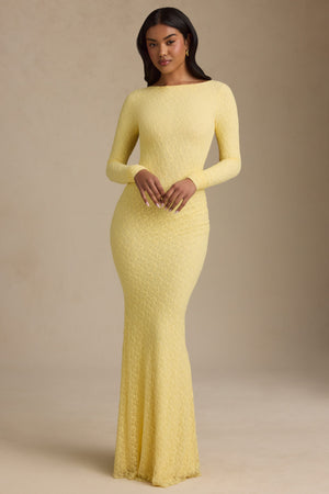 Ruched Backless Lace Maxi Dress in Pastel Yellow