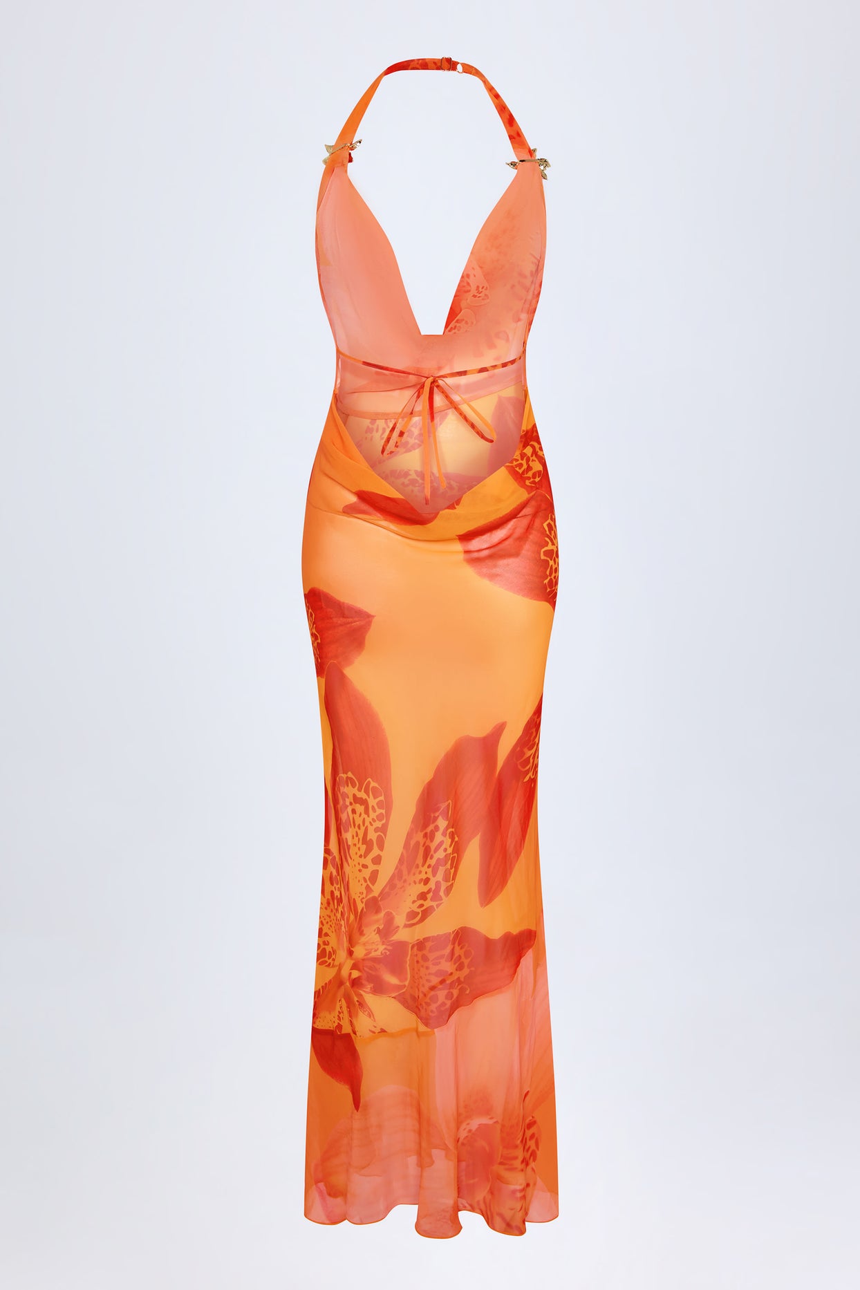 Cowl-Neck Hardware-Detail Maxi Dress in Orange Orchid Print - 4