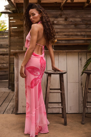 Taveuni Cowl-Neck Hardware-Detail Maxi Dress in Pink Orchid Print | Oh Polly Taveuni Cowl-Neck Hardware-Detail Maxi Dress in Pink Orchid Print | Oh Polly