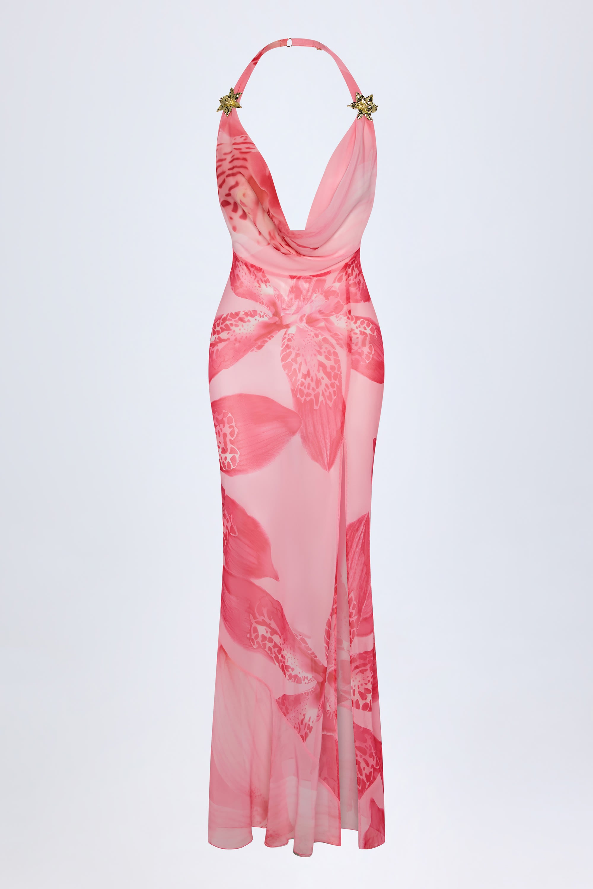 Taveuni Cowl-Neck Hardware-Detail Maxi Dress in Pink Orchid Print