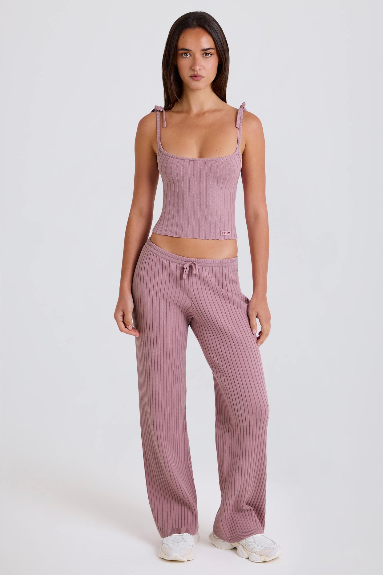 Ribbed Knit Tie Tank Top in Mauve - 4