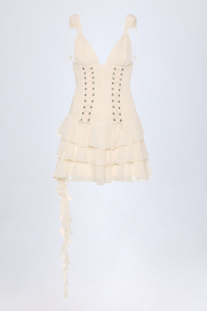 Lace-Up Ruffled Tiered Mini Dress in Ivory
