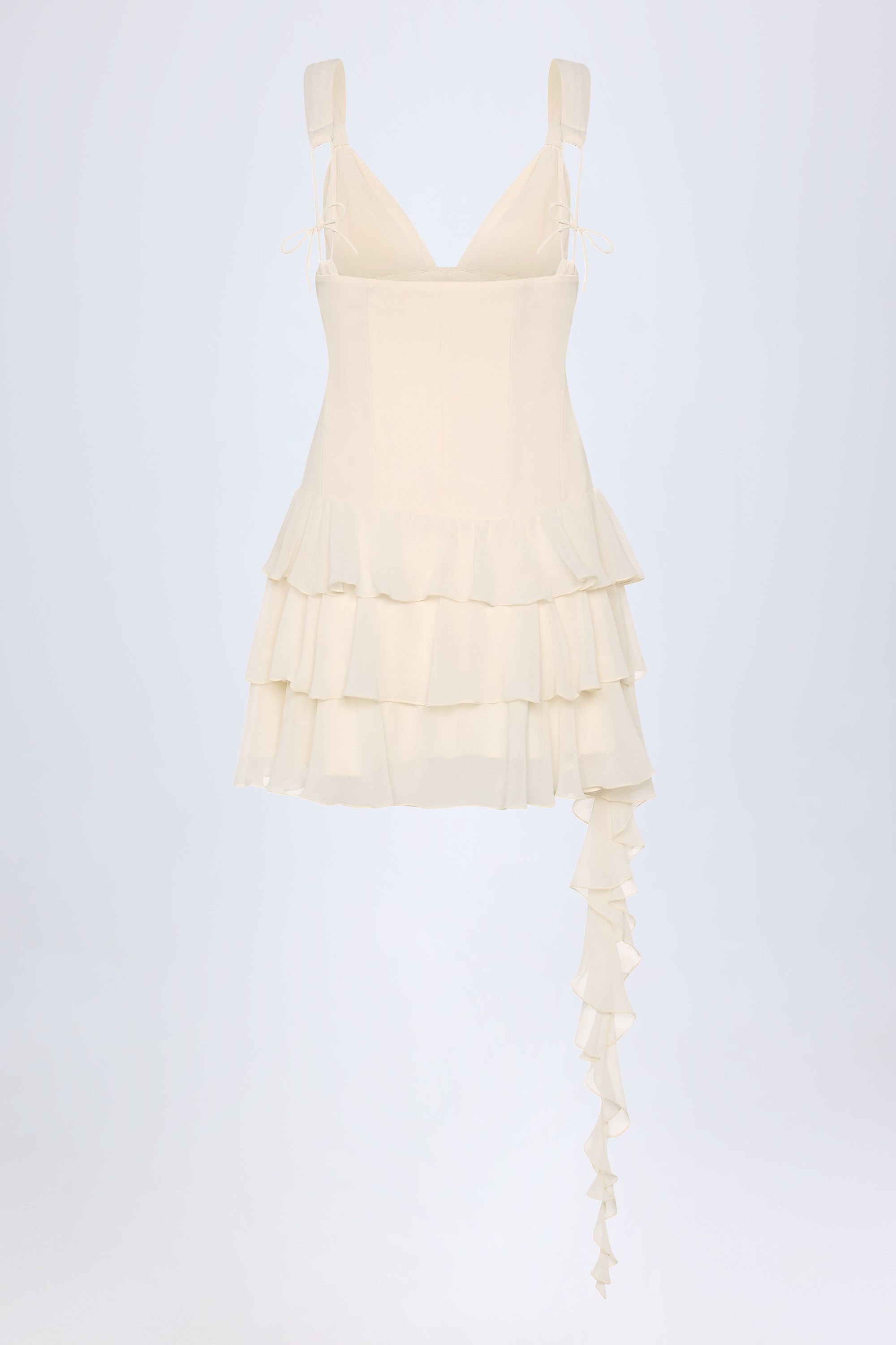 Toren Lace-Up Ruffled Tiered Mini Dress in Ivory | Oh Polly – Oh