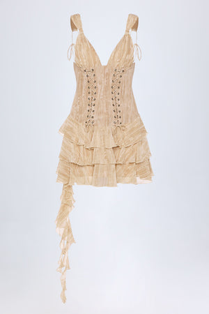 Lace-Up Ruffled Tiered Mini Dress in Tan Print