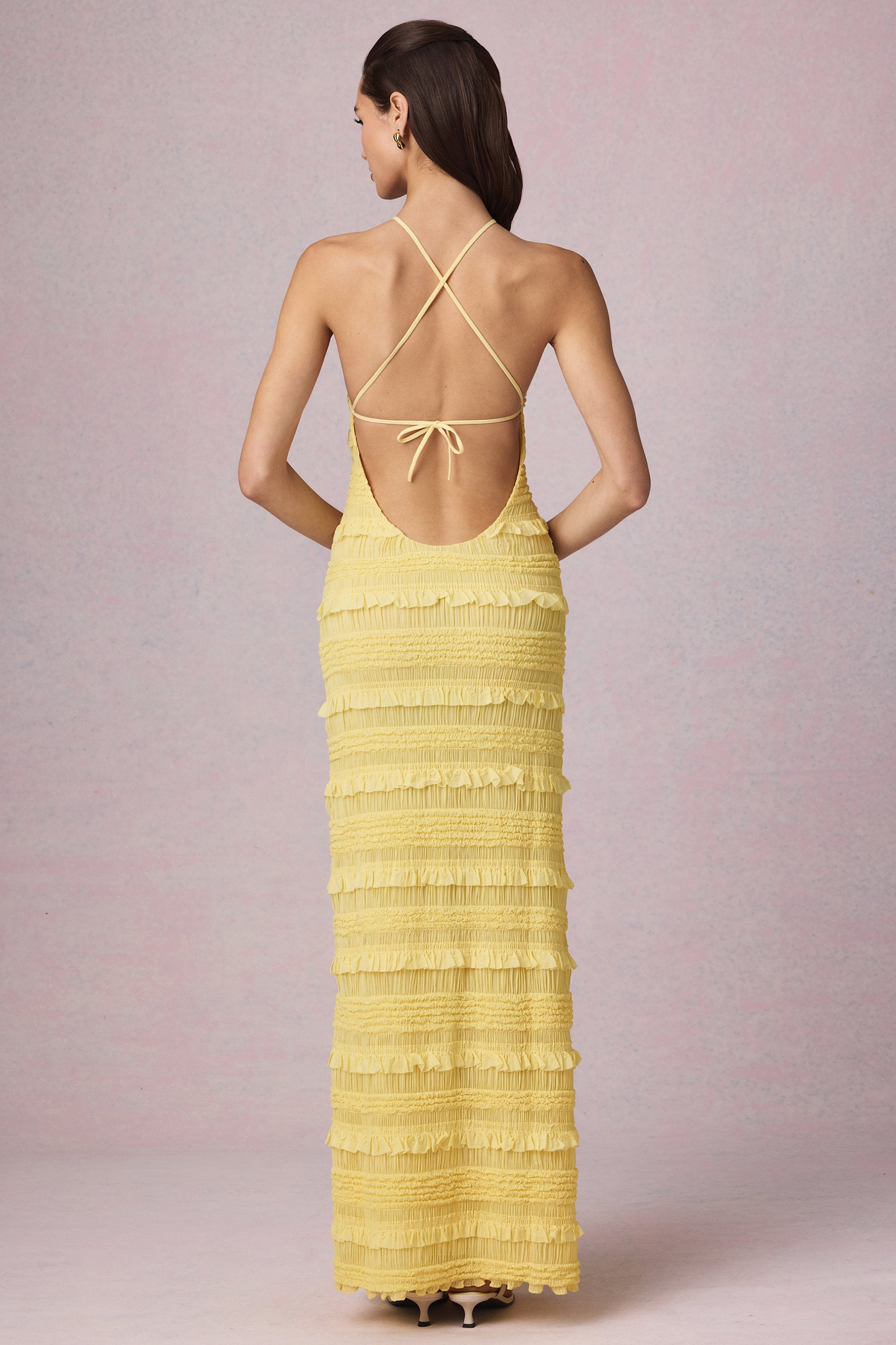 Ruffled Backless Halterneck Maxi Dress in Lemon Yellow - 4