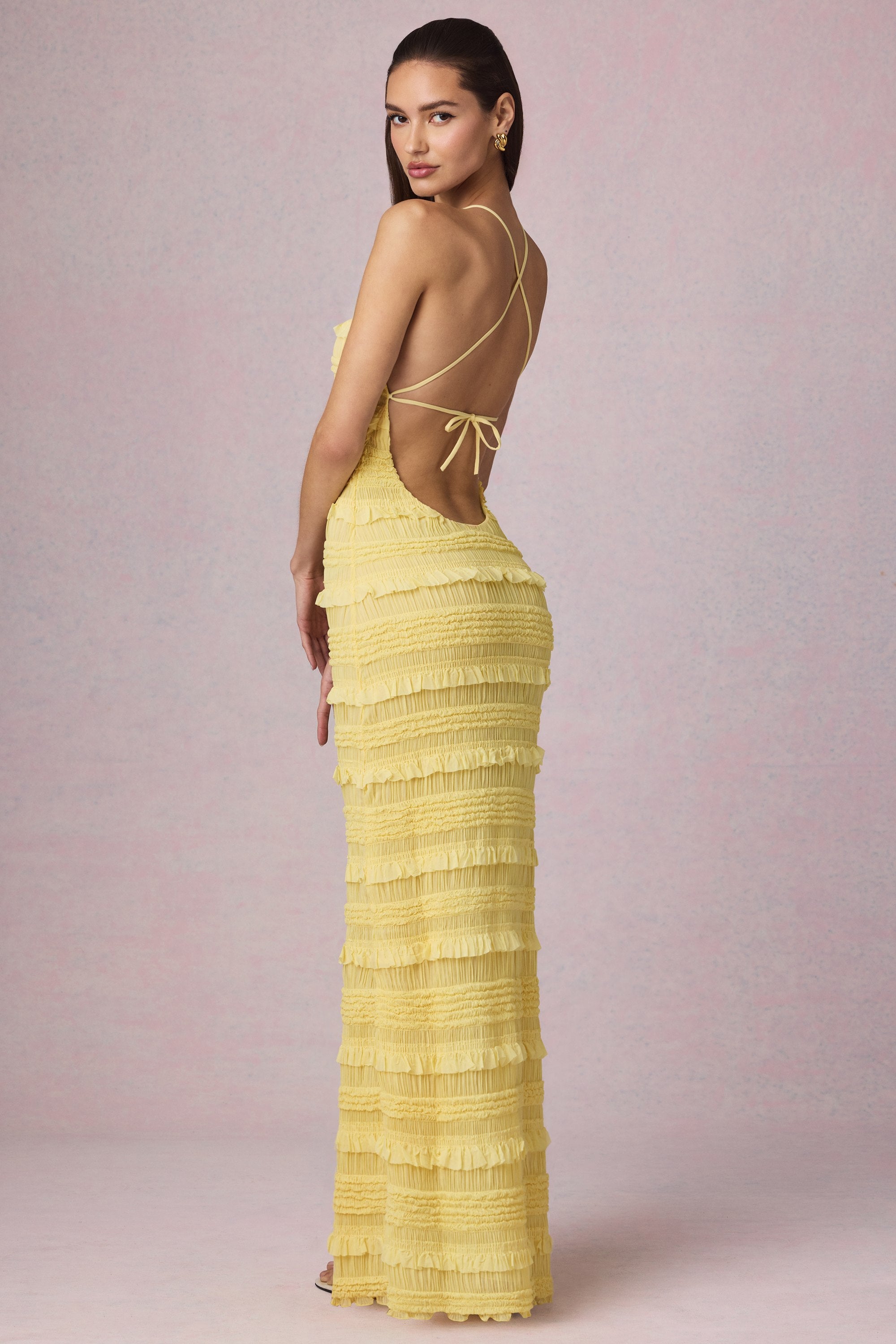Ruffled Backless Halterneck Maxi Dress in Lemon Yellow - 4