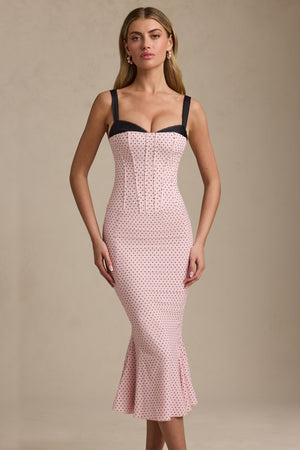 Layered Bra-Detail Fishtail Midaxi Dress in Pink Polka Dot