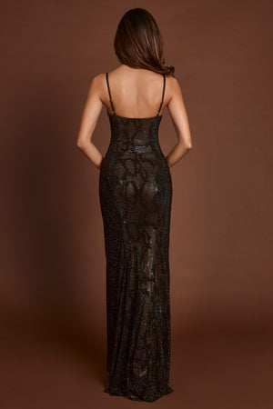 Embellished Peekaboo Cowl-Neck Dress in Brown Snake