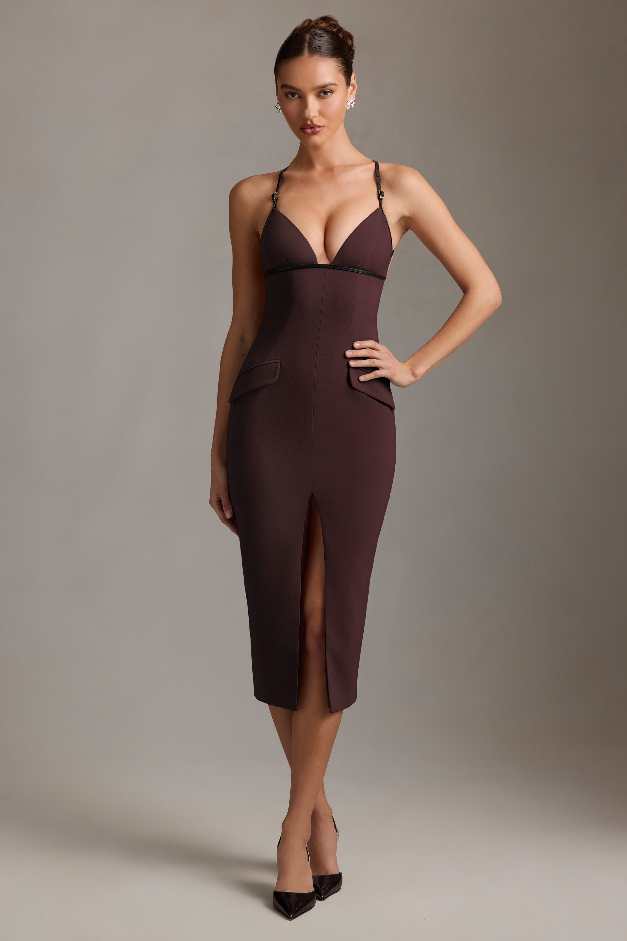 Veronique Plunge-Neck Backless Midaxi Dress in Chocolate Brown