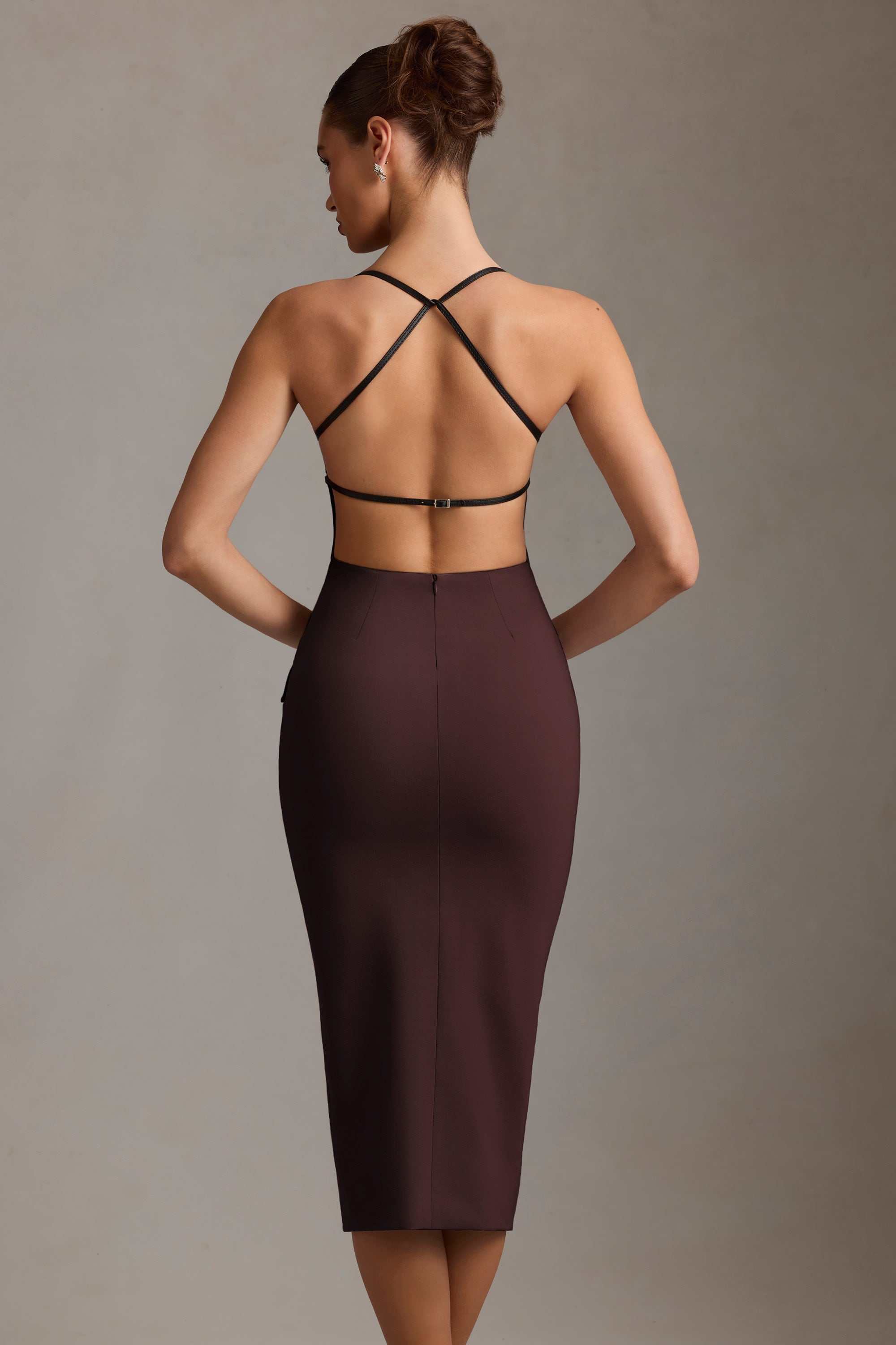 Veronique Plunge-Neck Backless Midaxi Dress in Chocolate Brown
