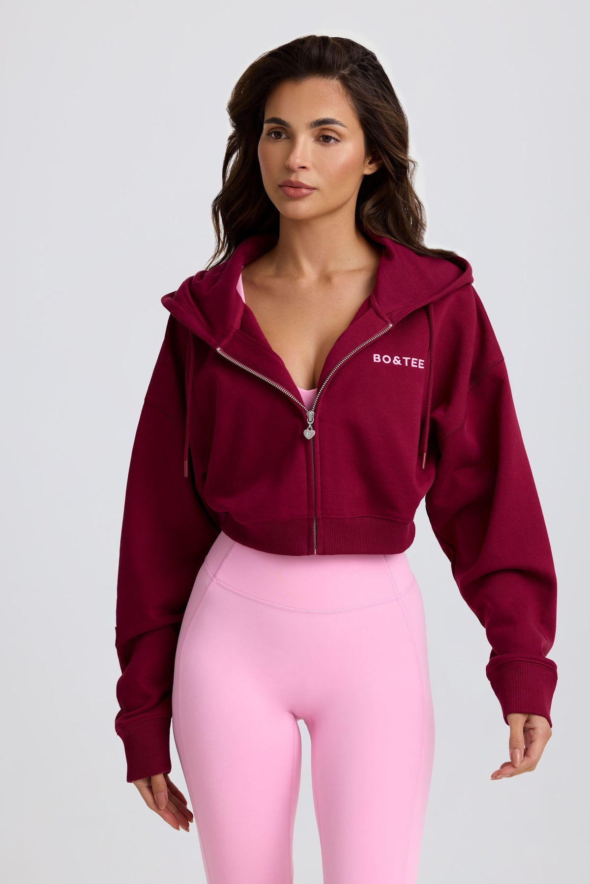 Cropped Zip-Up Hoodie in Burgundy