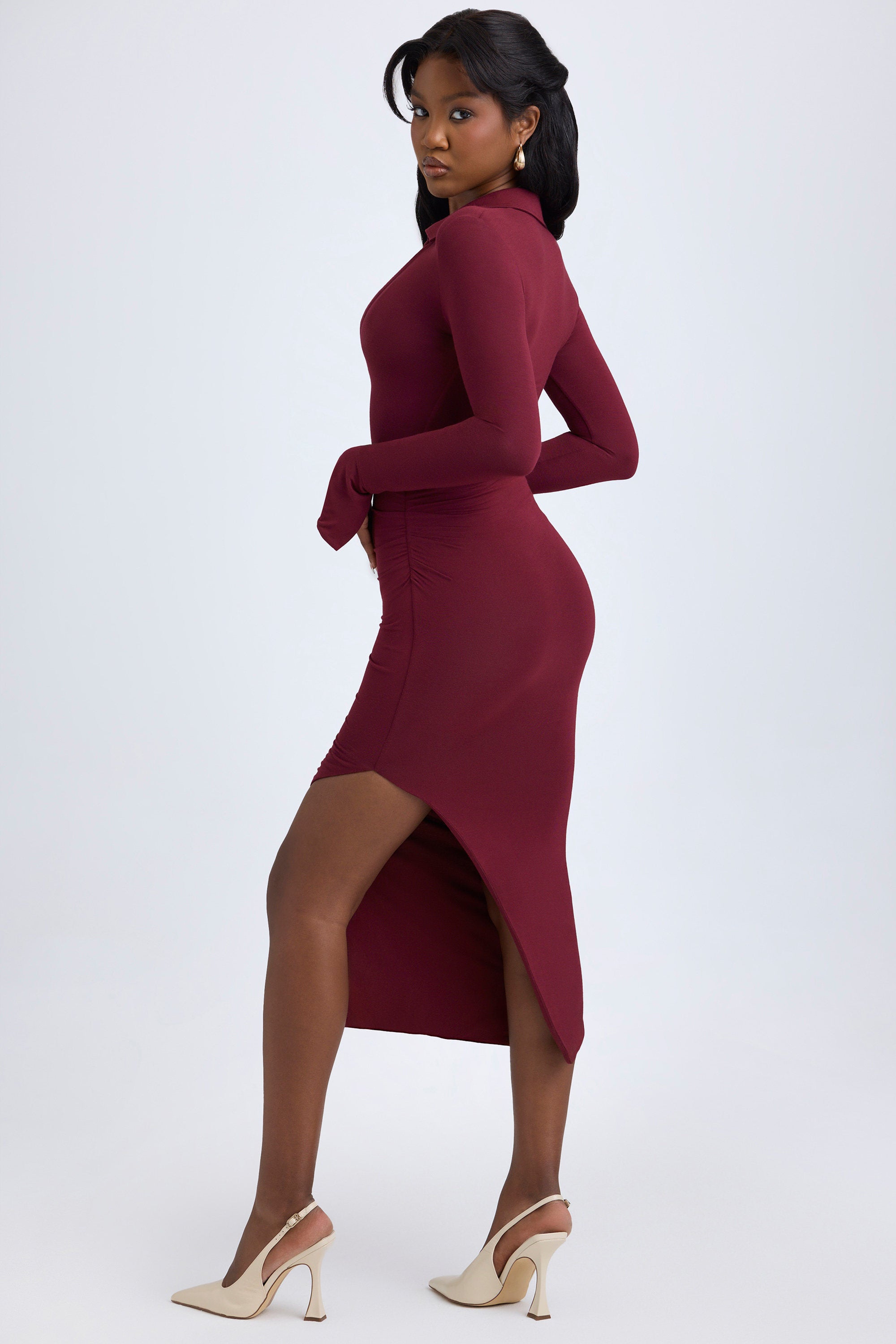 Yael Modal Plunge V-Neck Midaxi Dress in Wine Red | Oh Polly – Oh