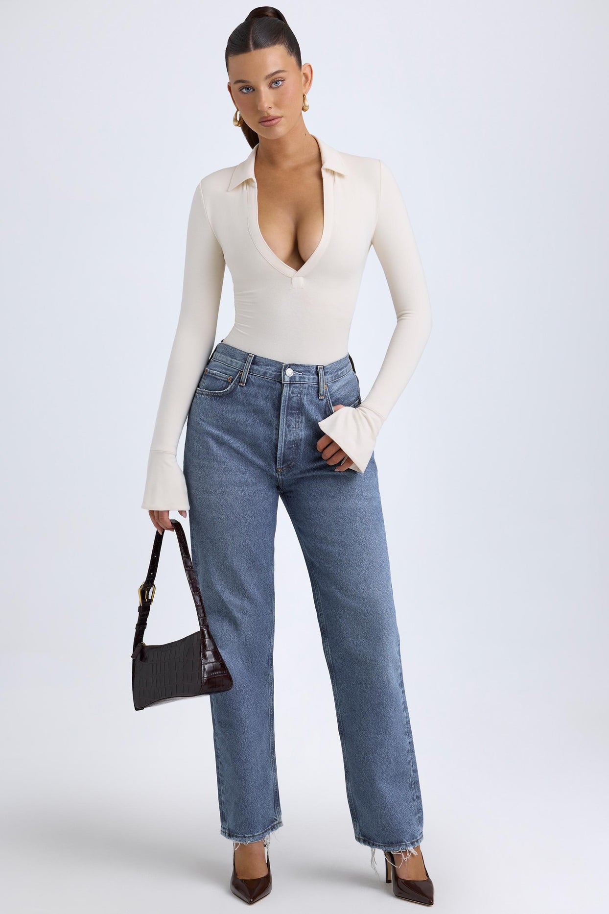 Modal Plunge V-Neck Bodysuit in Ivory - 6