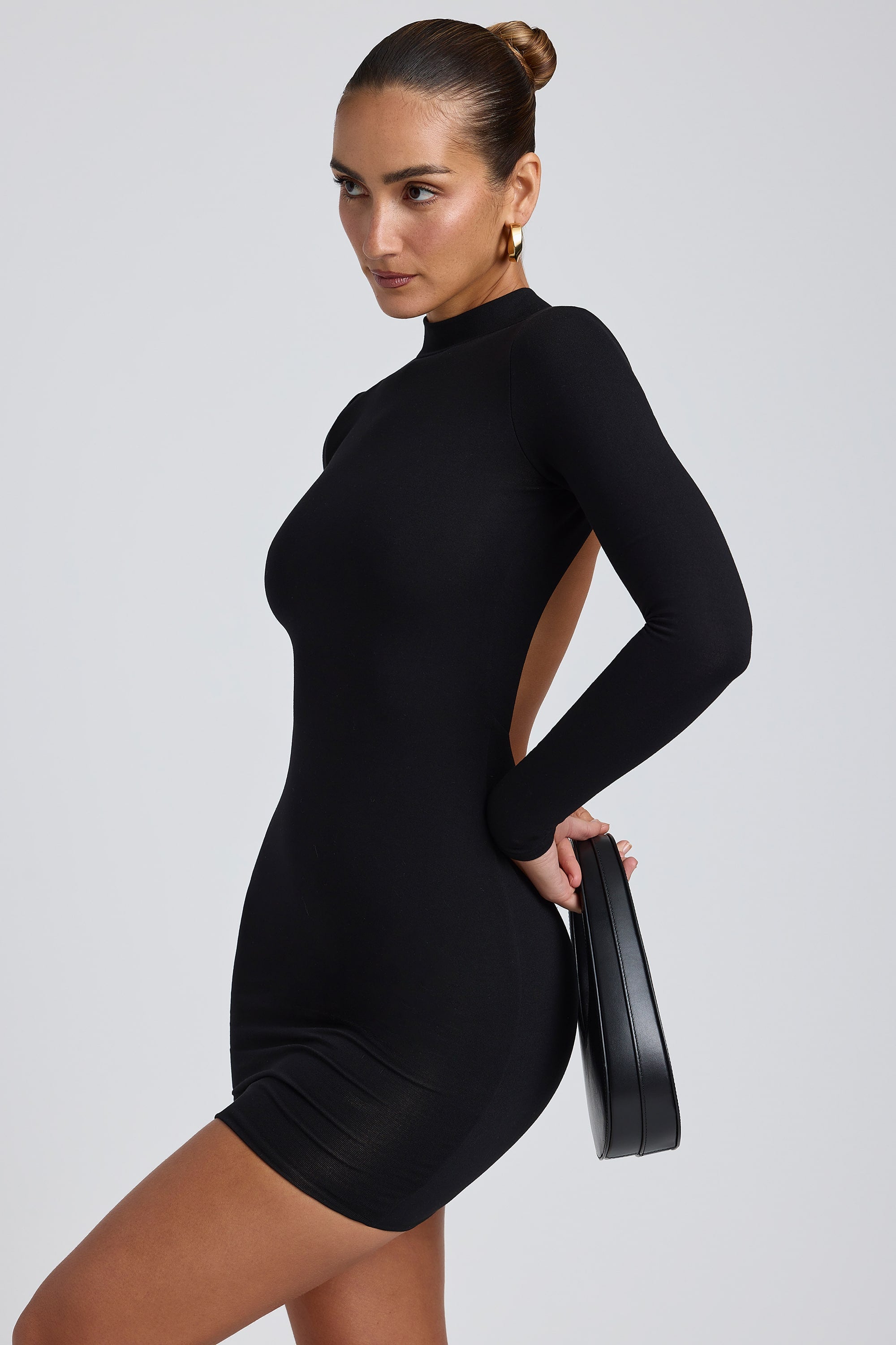 Modal Open-Back Long-Sleeve Mini Dress in Black - M