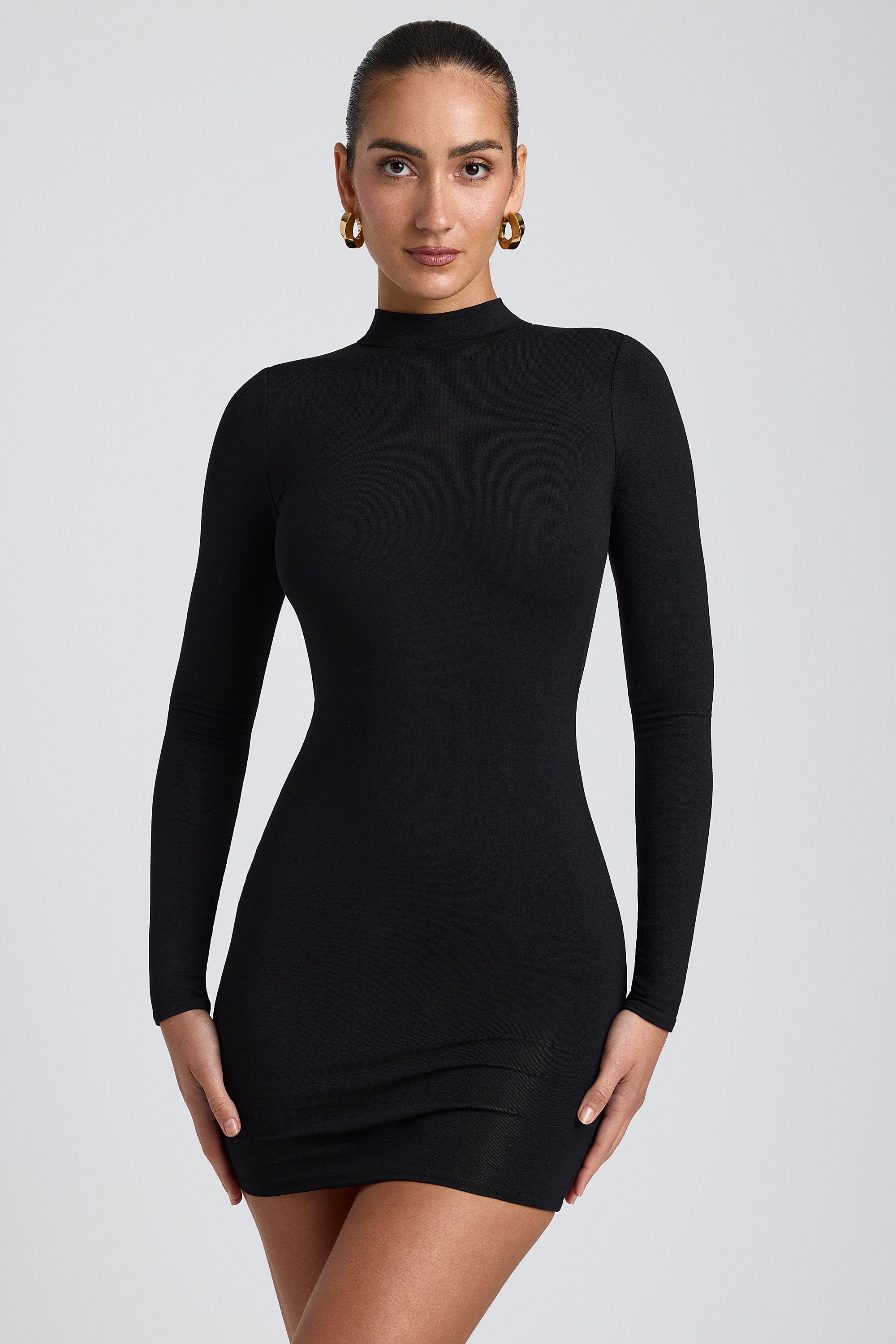 Modal Open-Back Long-Sleeve Mini Dress in Black - M