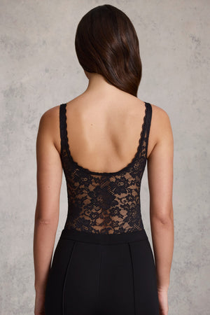 Plunge-Neck Lace Bodysuit in Black