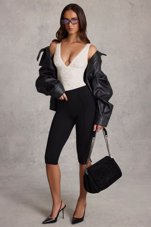 Plunge-Neck Lace Bodysuit in White