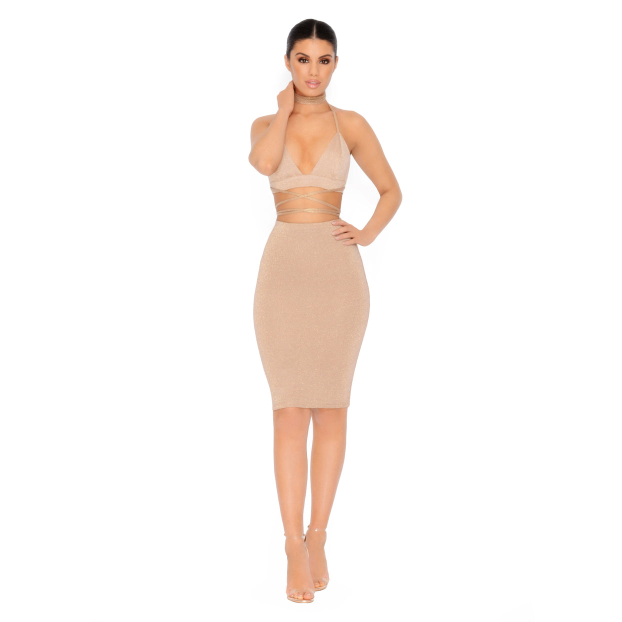 Why U So Abs-sessed Wit Me Metallic Knit Knee Length Skirt in Gold