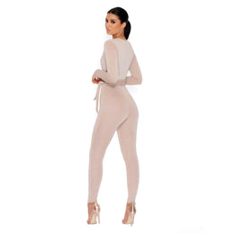 Glisten Closely Metallic Knit Belted Jumpsuit in Nude