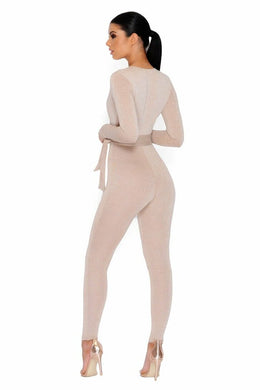 Glisten Closely Metallic Knit Belted Jumpsuit in Nude