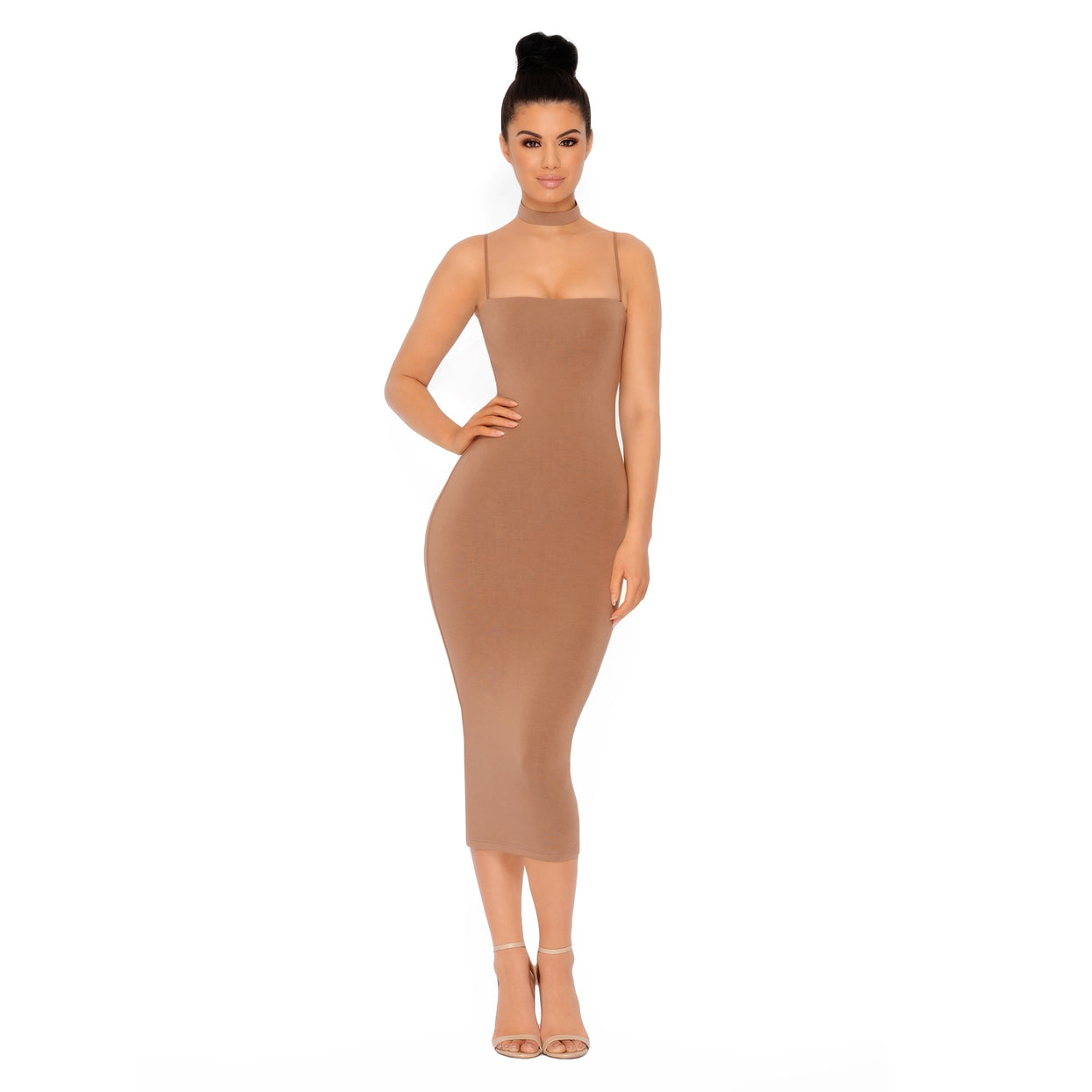 Choke Of Luck Double Layered Midi Dress with Choker in Brown
