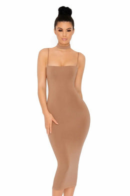 Choke Of Luck Double Layered Midi Dress with Choker in Brown