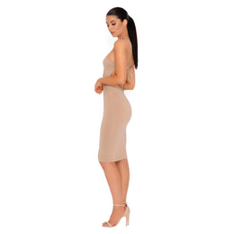 Twist Ending Double Layered Plunge Midi Dress in Coffee