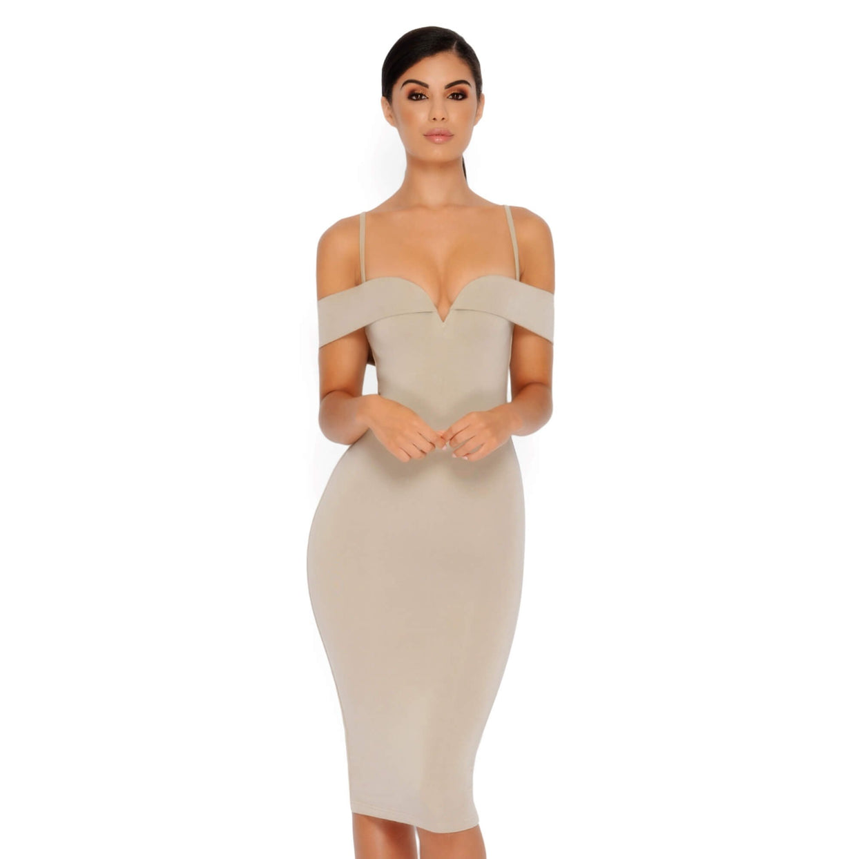 Bold Shoulder Double Layered Bardot Midi Dress in Stone – Oh Polly US