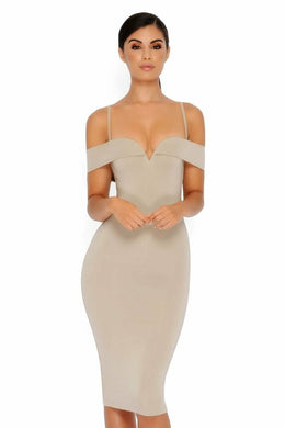 Bold Shoulder Double Layered Bardot Midi Dress in Stone