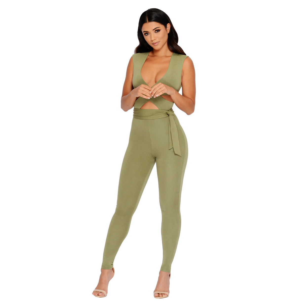 Cross Your Mind Cut Out Double Layered Jumpsuit in Kale