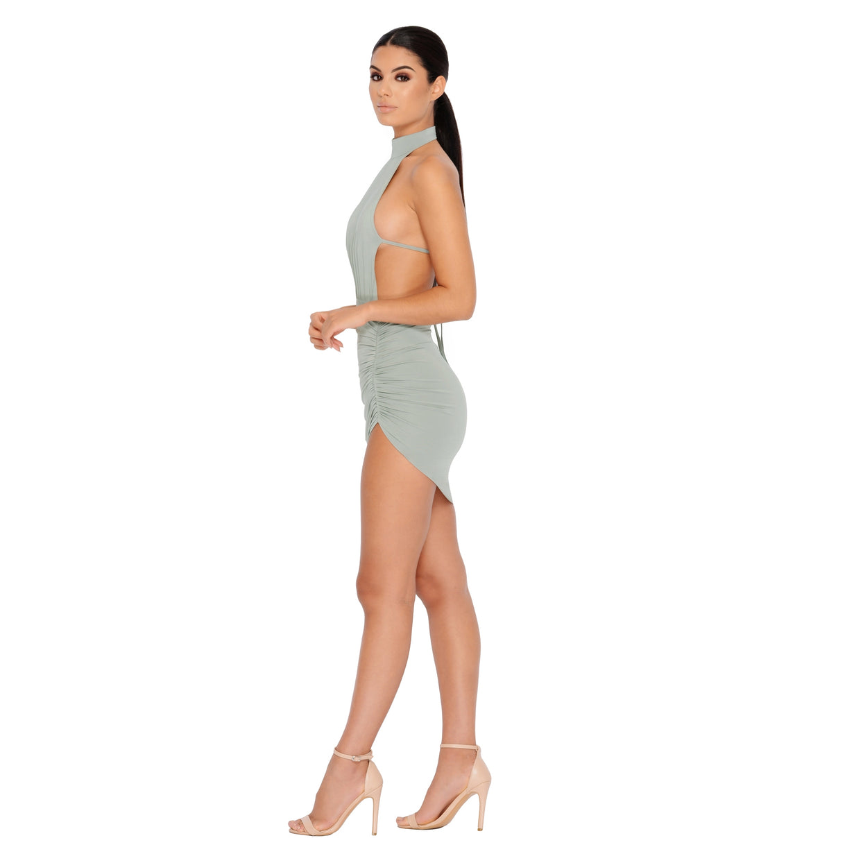 Ruched And Ready Asymmetric Halter Neck Mini Dress in Grey