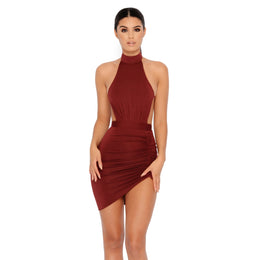 Ruched And Ready Asymmetric Halter Neck Mini Dress in Wine