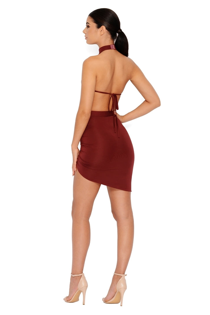 Ruched And Ready Asymmetric Halter Neck Mini Dress in Wine
