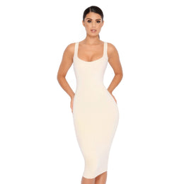 True To Form Double Layered Midi Dress in Oyster White